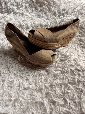 Tory Burch Tan Woven Espadrille Wedge Peep-Toe